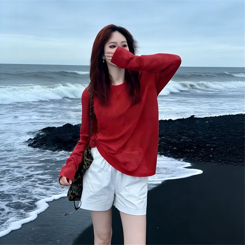 欧货复古微透防晒罩衫长袖T恤女图片