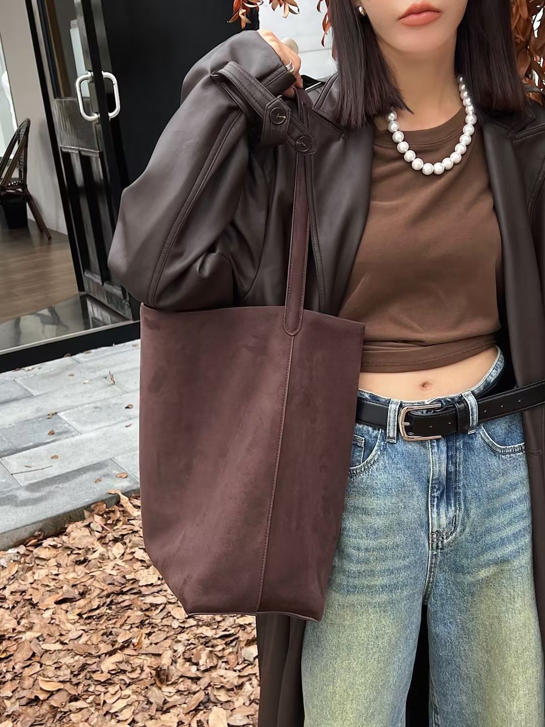 Filles unique美拉德通勤秋冬水桶包牛皮绒面单肩包大容量通勤包