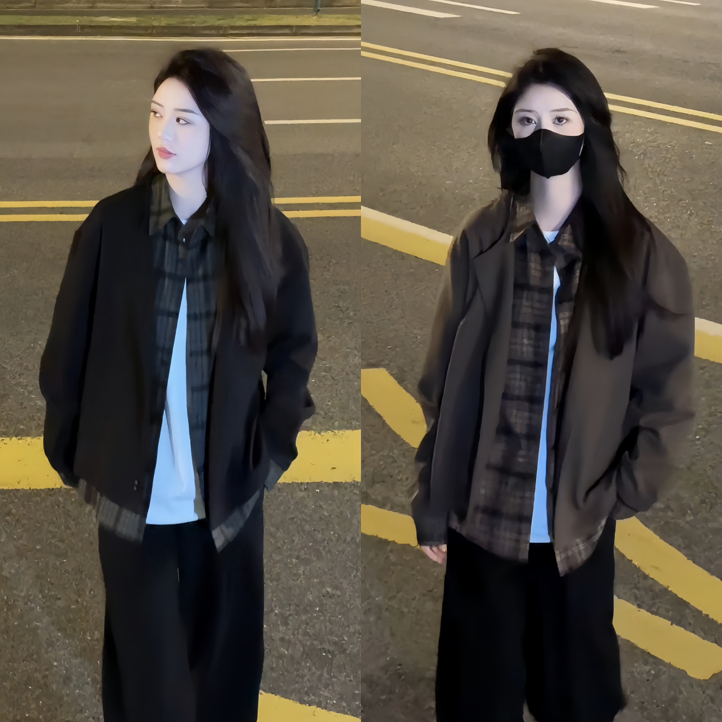 韩系早秋新款翻领假两件格子衬衫夹克男女款高街vintage休闲外套