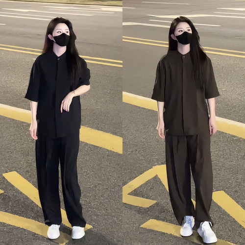 【夏季新款】男士立领轻薄夏季凉感速干短袖衬衫长裤休闲套装情侣