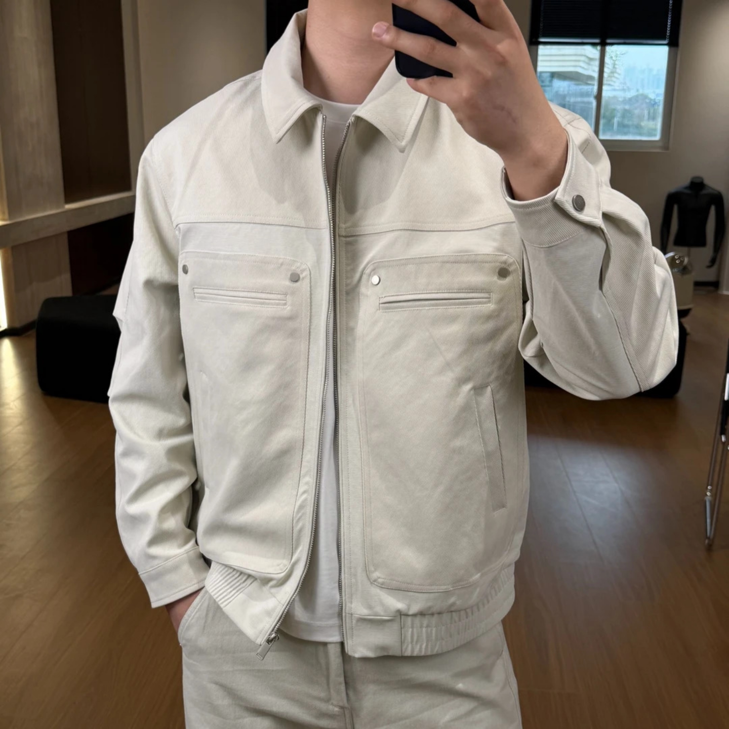 春季美式休闲同色拼接挺阔翻领夹克百搭松弛感外套男士时尚高级感