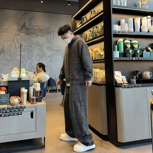 冬季新品男士斜条纹运动休闲套装韩版舒适保暖连帽卫衣卫裤两件套