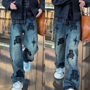 美式潮牌时尚秋季新款港风图案潮流休闲百搭轻奢品质男士牛仔裤潮