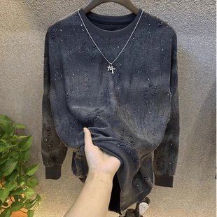 2025秋季新款男款卫衣爆款轻奢高品质破洞长袖时尚圆领休闲打底衫