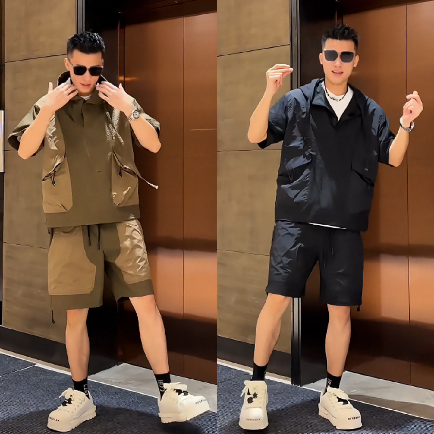 美式时尚拼接设计连帽套装夏季薄款个性套头短袖休闲短裤两件套男