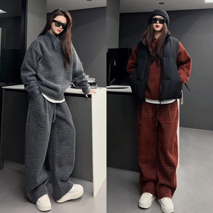 高级感提花撞色毛感柔软舒适时尚卫衣套装冬季加绒保暖男士两件套