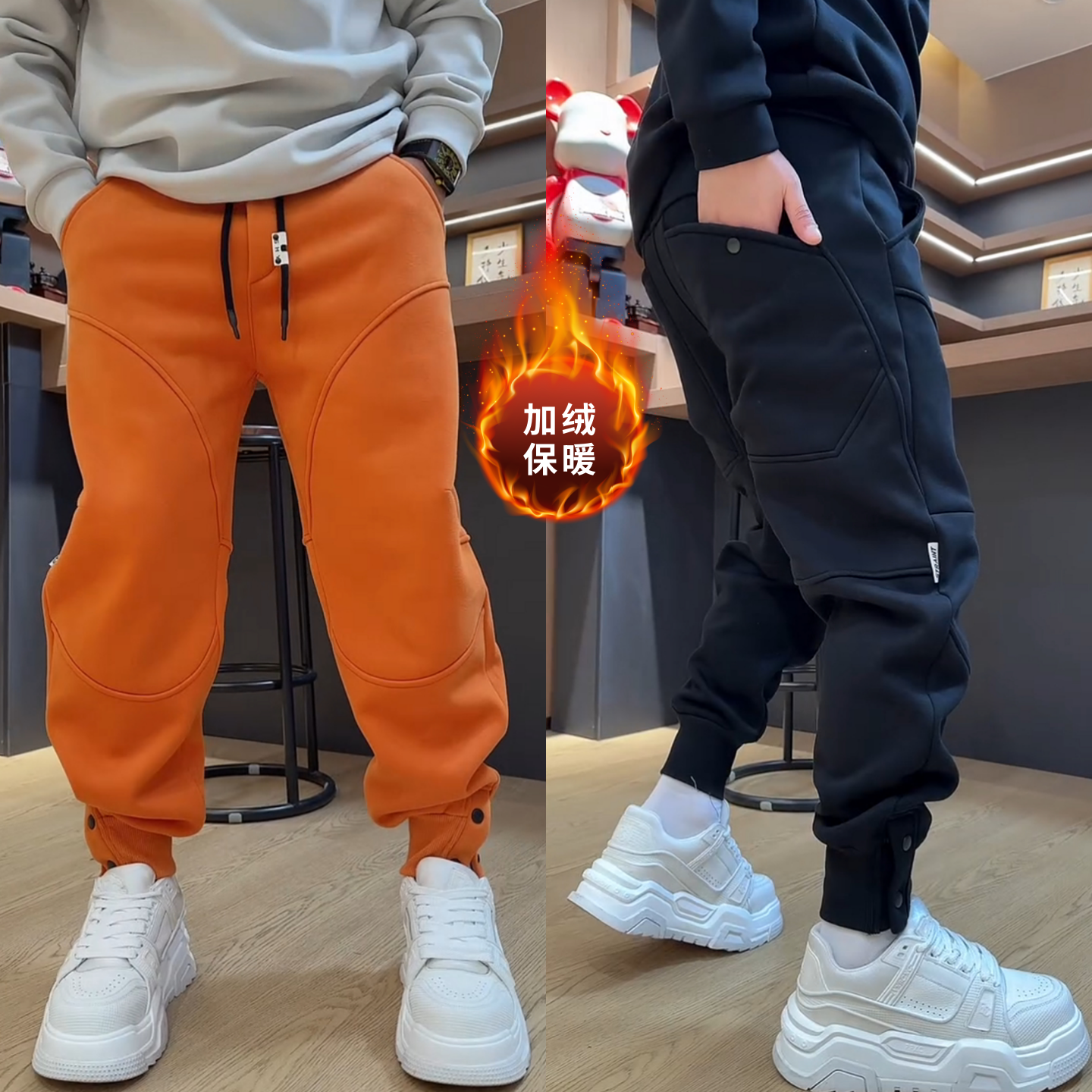 高品质冬季加绒保暖束脚裤男女款廓形拼接休闲卫裤加厚防风运动裤