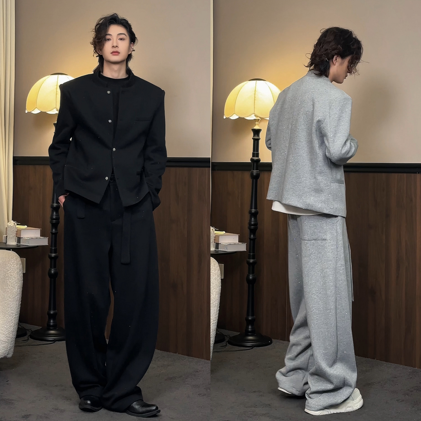 春季轻奢新中式立领夹克直筒裤套装男士时尚个性潮流高级感两件套