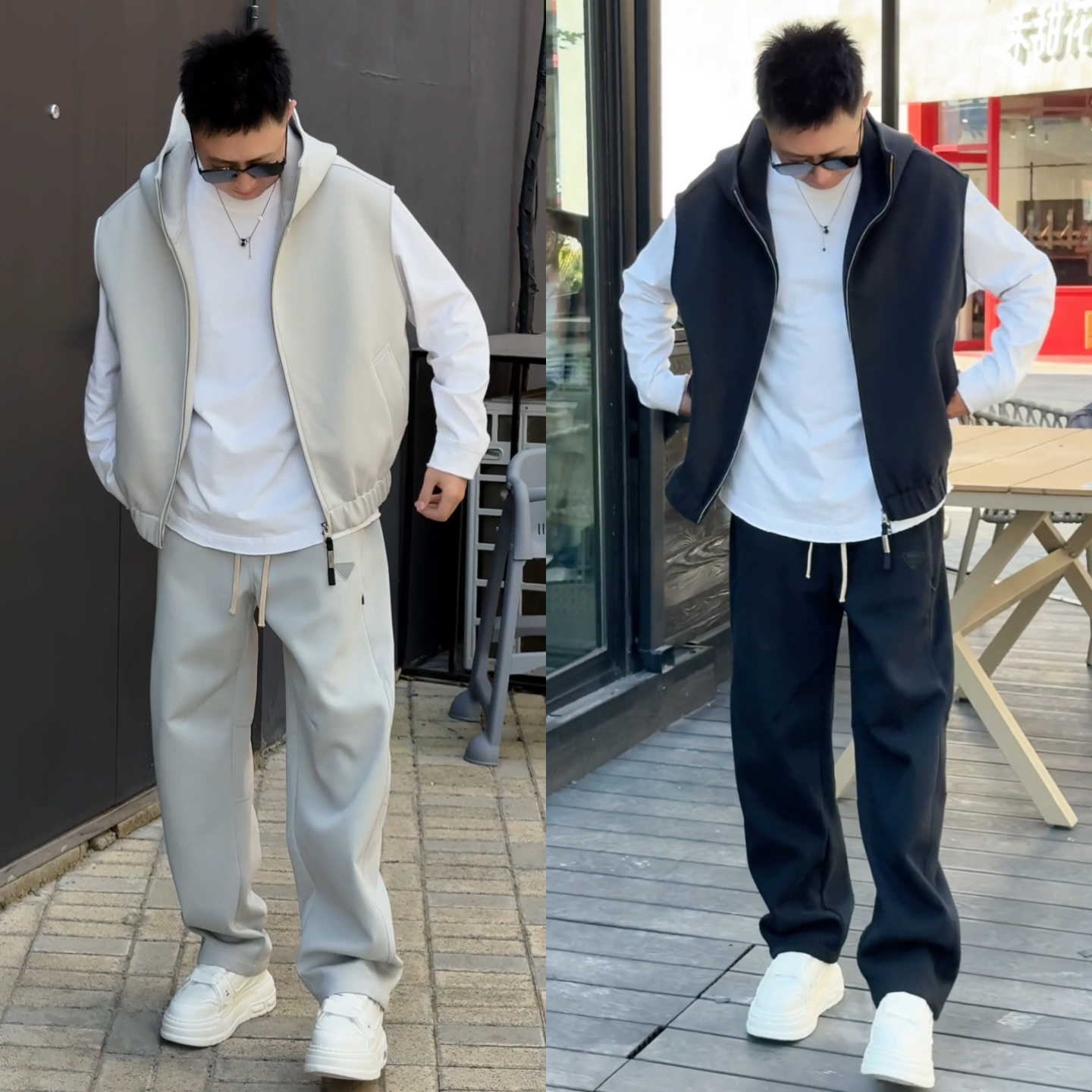 2026秋季男士重磅连帽马甲套装潮