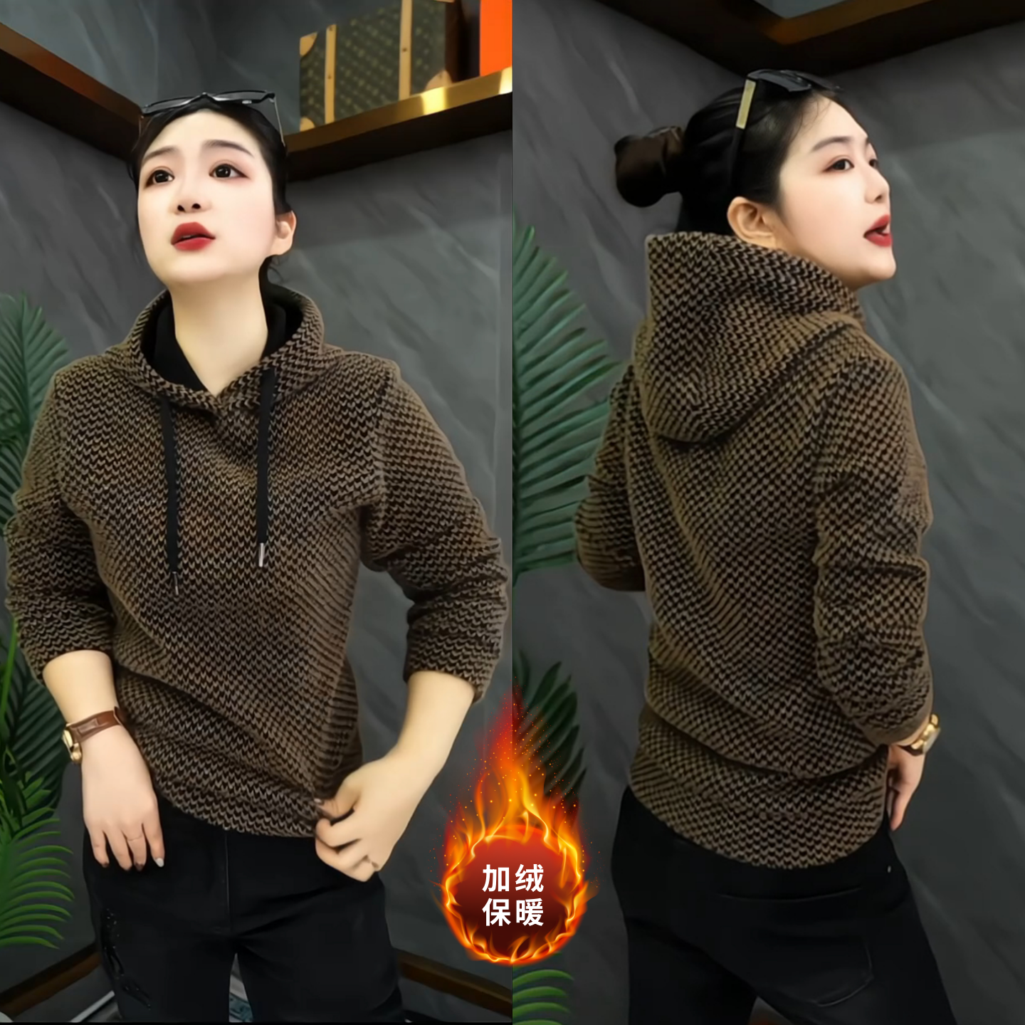 冬季加绒加厚连帽卫衣男女情侣款