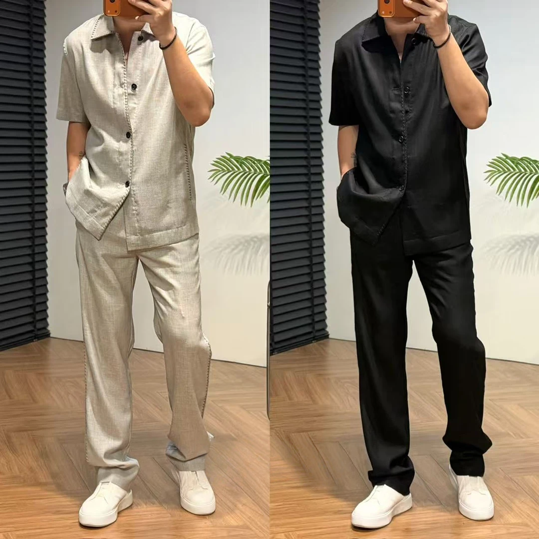 男士夏季净奢老钱风时尚休闲套装短袖衬衫长裤高级两件套小众设计