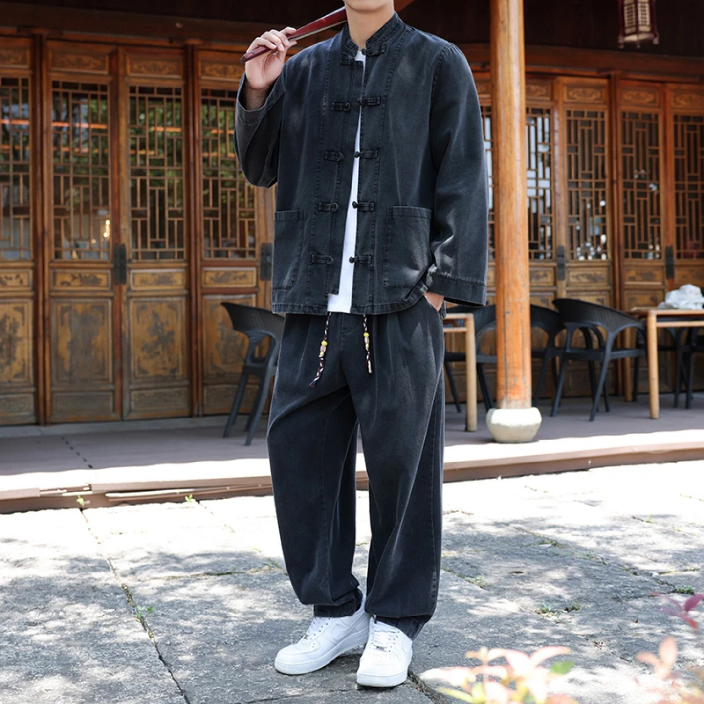 【中秋好礼】秋季新款中国风牛仔衬衫夹克套装休闲长袖男士两件套