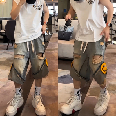 美式高街夏季做旧破洞牛仔短裤