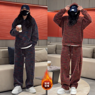 男女同款冬季加绒保暖连帽套装潮牌时尚撞色高级感卫衣休闲裤整套
