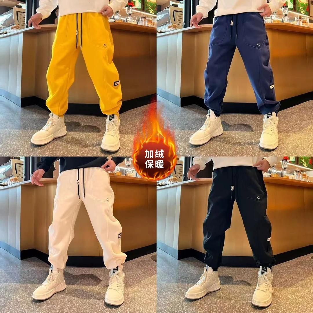 简约立体裁剪百搭时尚宽松个性笑脸时尚潮流男士冬季加绒束脚裤