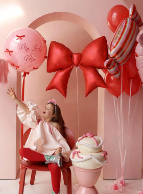 大红色蝴蝶结爱心条纹糖果卡通铝膜气球女孩周岁生日派对装饰布置