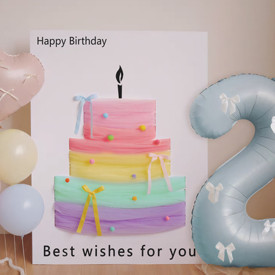 新彩色网纱蝴蝶结蛋糕kt板定制迎宾牌周岁生日场景布置品装饰拍照