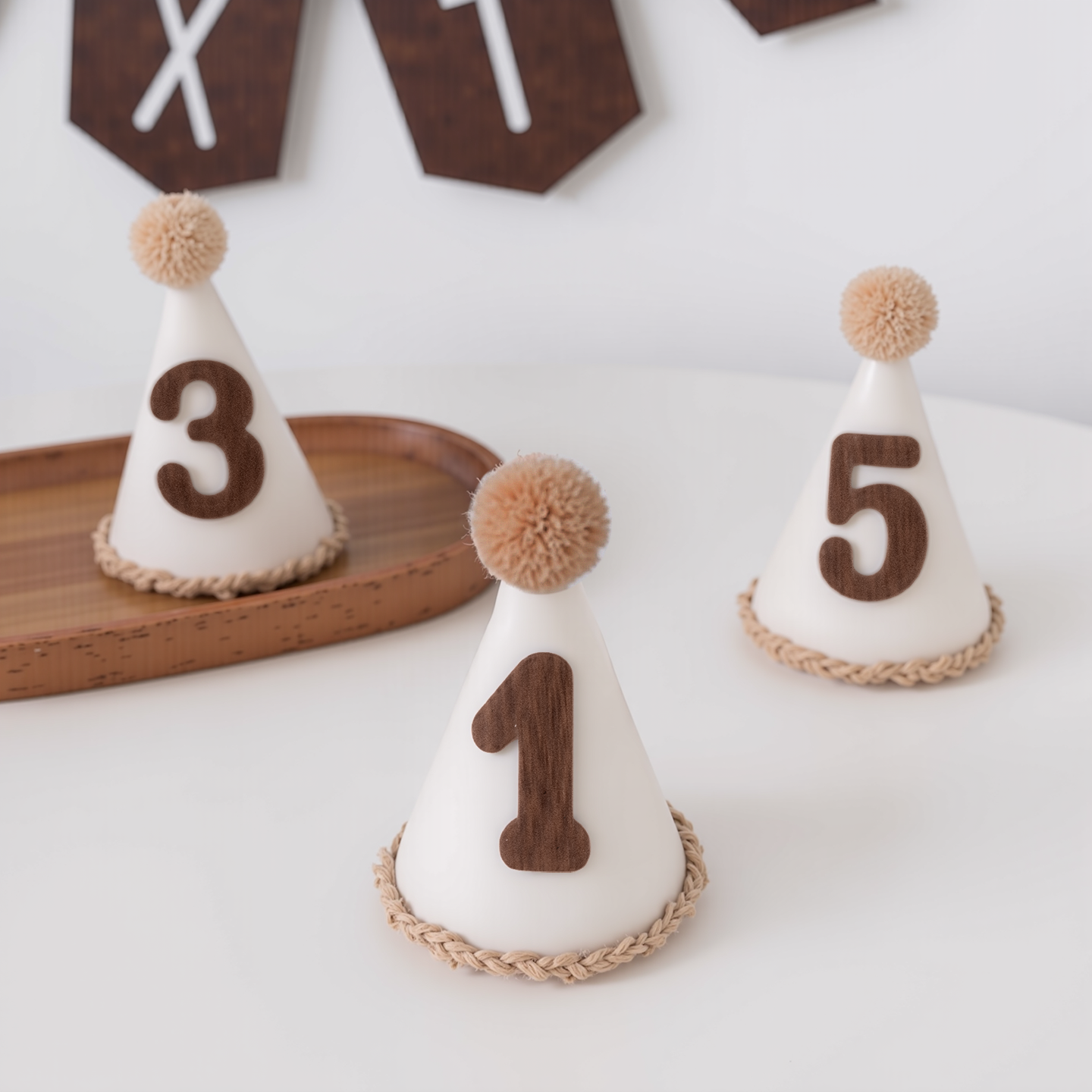 奶咖色毛球帽子头饰宝宝周岁生日满月派对装饰儿童生日帽拍照道具