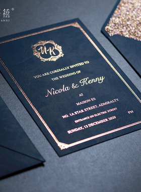 梦仟禧 藏蓝色烫金请柬欧式复古婚礼请帖定制加厚邀请函闪金信封
