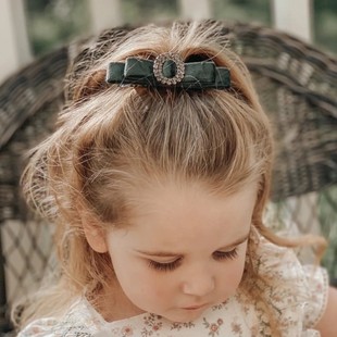 PM女童可爱天鹅丝绒蝴蝶结水钻发夹儿童边夹复古气质弹簧夹头饰
