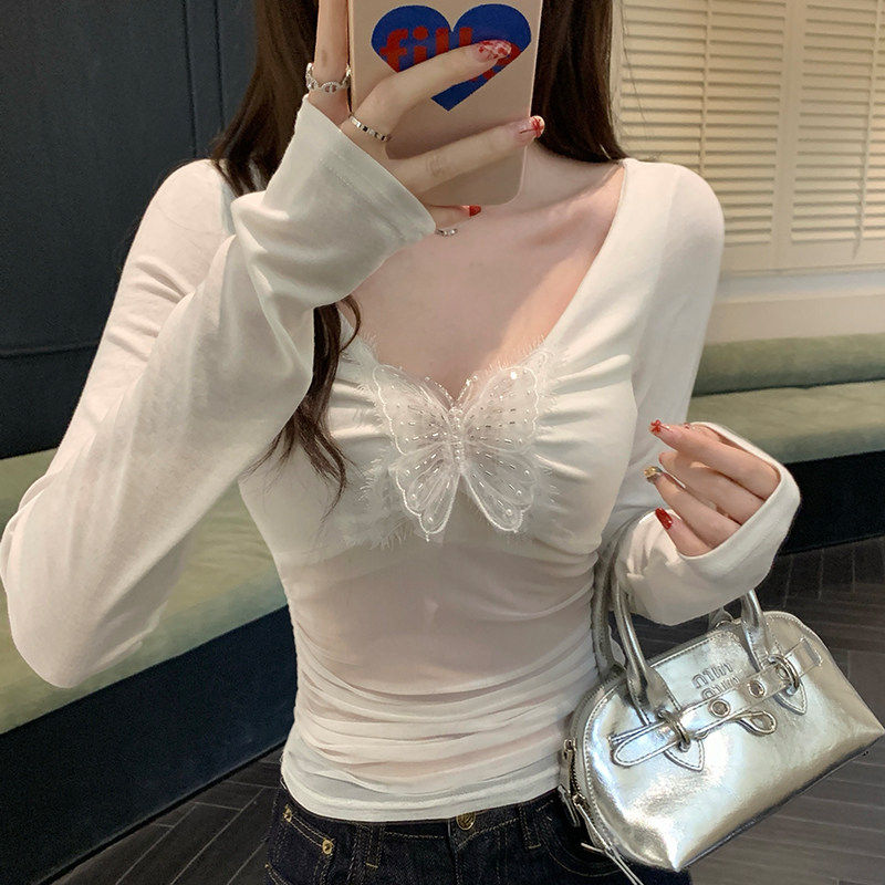 性感纯欲白色V领蝴蝶结微透T恤女春季设计感薄款网纱拼接针织上衣