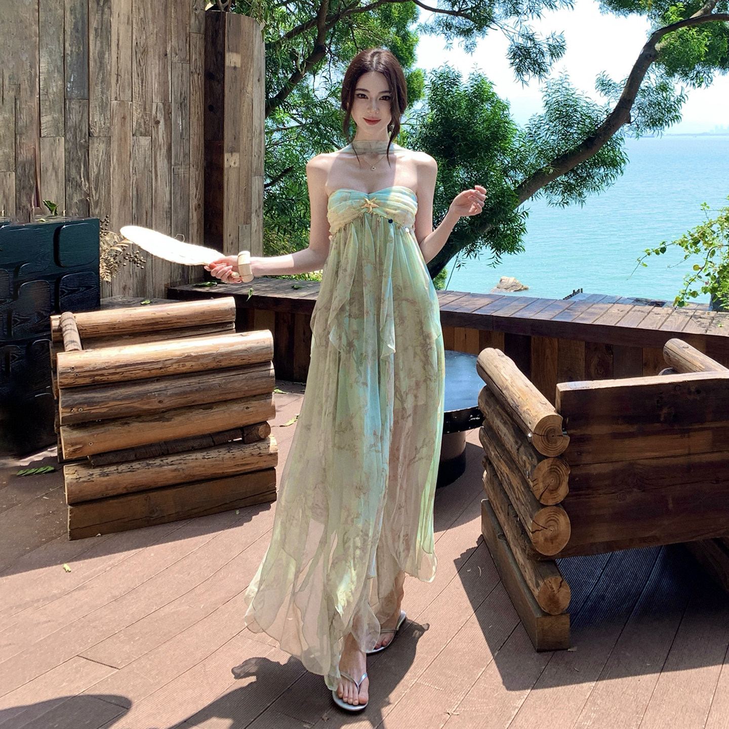 海边度假绝美绿色印花抹