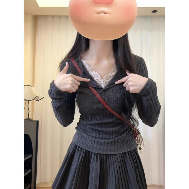 蕾丝花边针织v领打底衫女