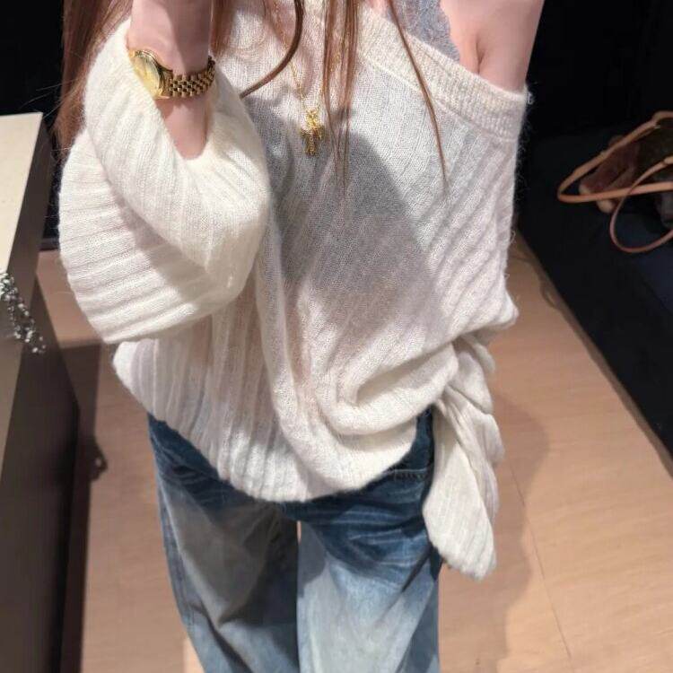 白色斜肩套头毛衣女早秋