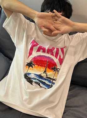 小众潮牌美式夏季纯棉宽松铁塔椰子树短袖男女情侣半袖短袖T恤ins