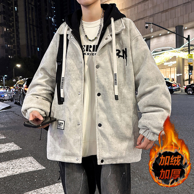 灯芯绒外套男士秋冬季假两件连帽夹克男款学生加绒加厚派克棉衣服