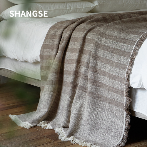 尚塞原创设计侘寂风中古风民宿样板房条纹床旗简约搭毯搭巾床尾巾