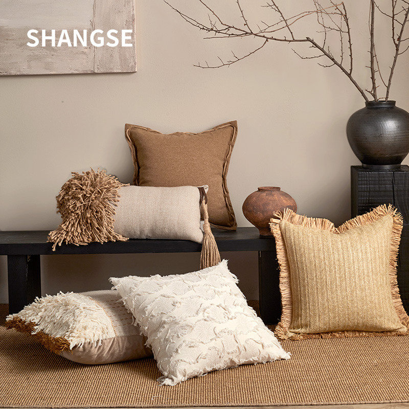 尚塞设计复古咖黄色侘寂风中古风民宿原始手工样板房飘窗抱枕组合