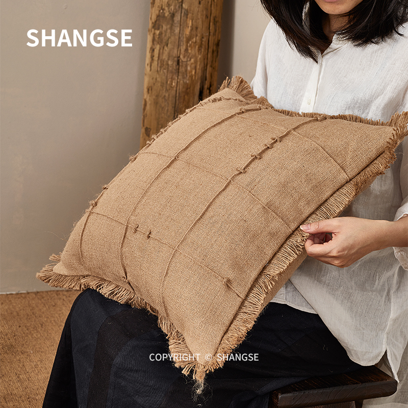 尚塞原创设计自然侘寂风中古风民宿原始稻草灰橙色样板房沙发抱枕