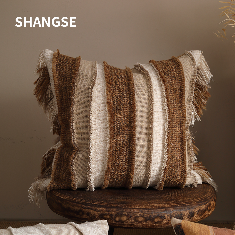 尚塞原创设计侘寂风中古风民宿样板房条纹手工流苏抱枕靠垫沙发枕