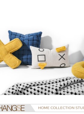 尚塞布艺蓝色样板房卡通XO字母男女儿童房新房现代组合装靠垫6件