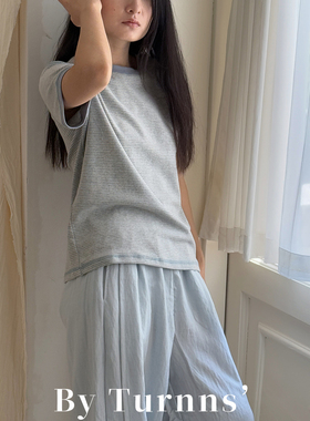 By turnns｜淡蓝条纹｜撞色条纹正肩短款T恤显瘦短袖上衣