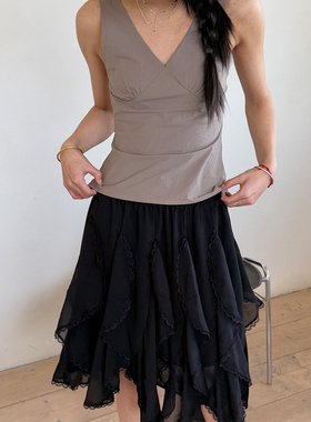 By turnns｜浪漫诗人｜不规则荷叶边蛋糕半身裙雪纺优雅仙气短裙