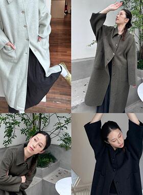 By turnns｜橡木苔｜苔绿色质感宽松慵懒长款羊毛呢翻领大衣外套
