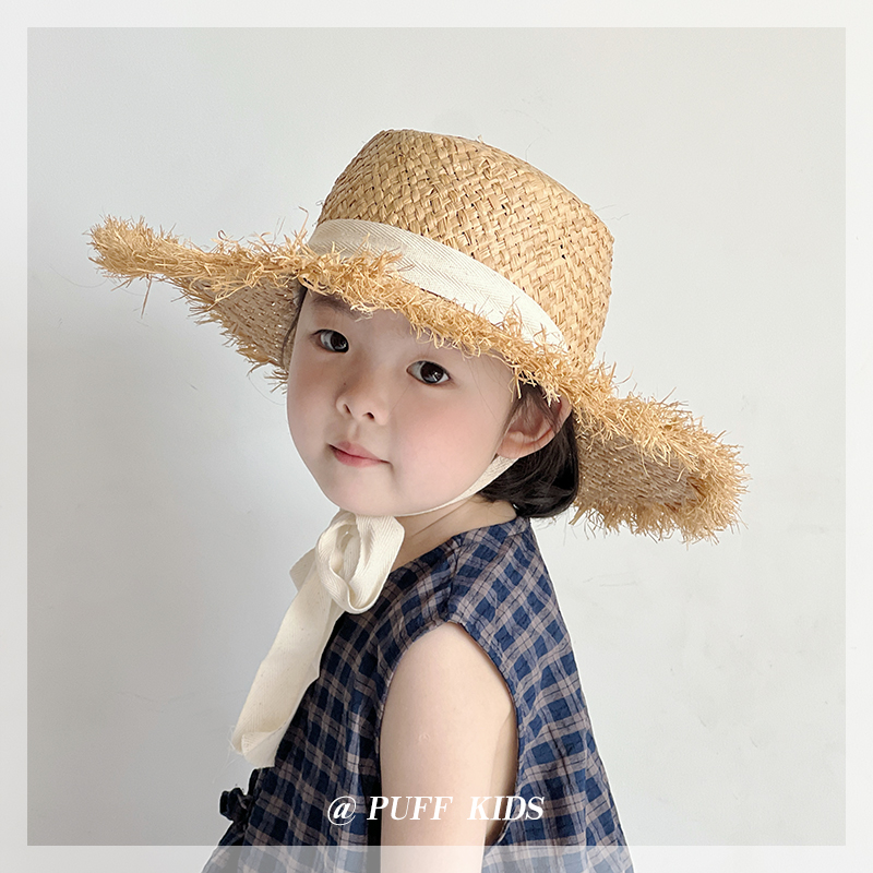 韩国ins儿童防晒帽夏季大帽檐夏天度假沙滩遮阳帽女童法式草帽夏