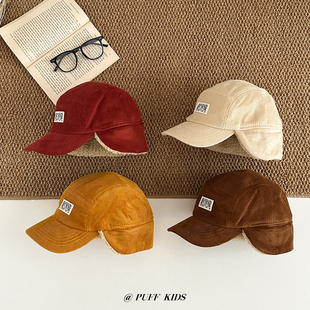 儿童帽子韩系秋冬季加厚保暖鸭舌帽男女童灯芯绒防风护耳棒球帽潮