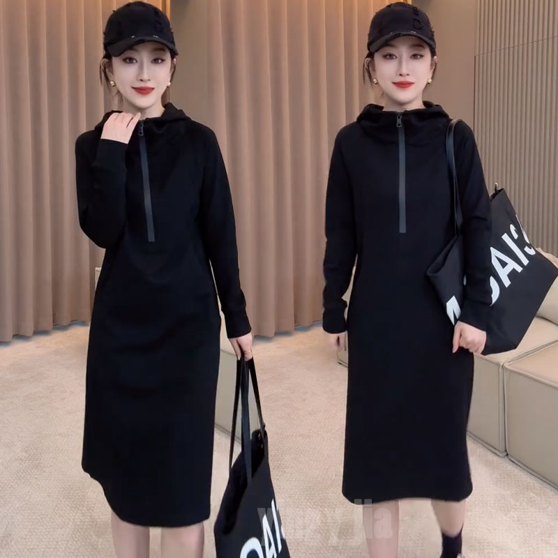 胖mm休闲连帽卫衣裙女秋季2025年新款半拉链收腰修身中长款a字裙