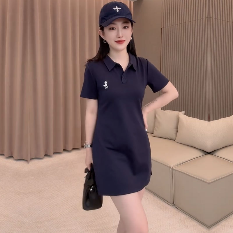 运动风polo领蓝色卫衣裙女夏季2025年新款胖mm收腰显瘦刺绣连衣裙