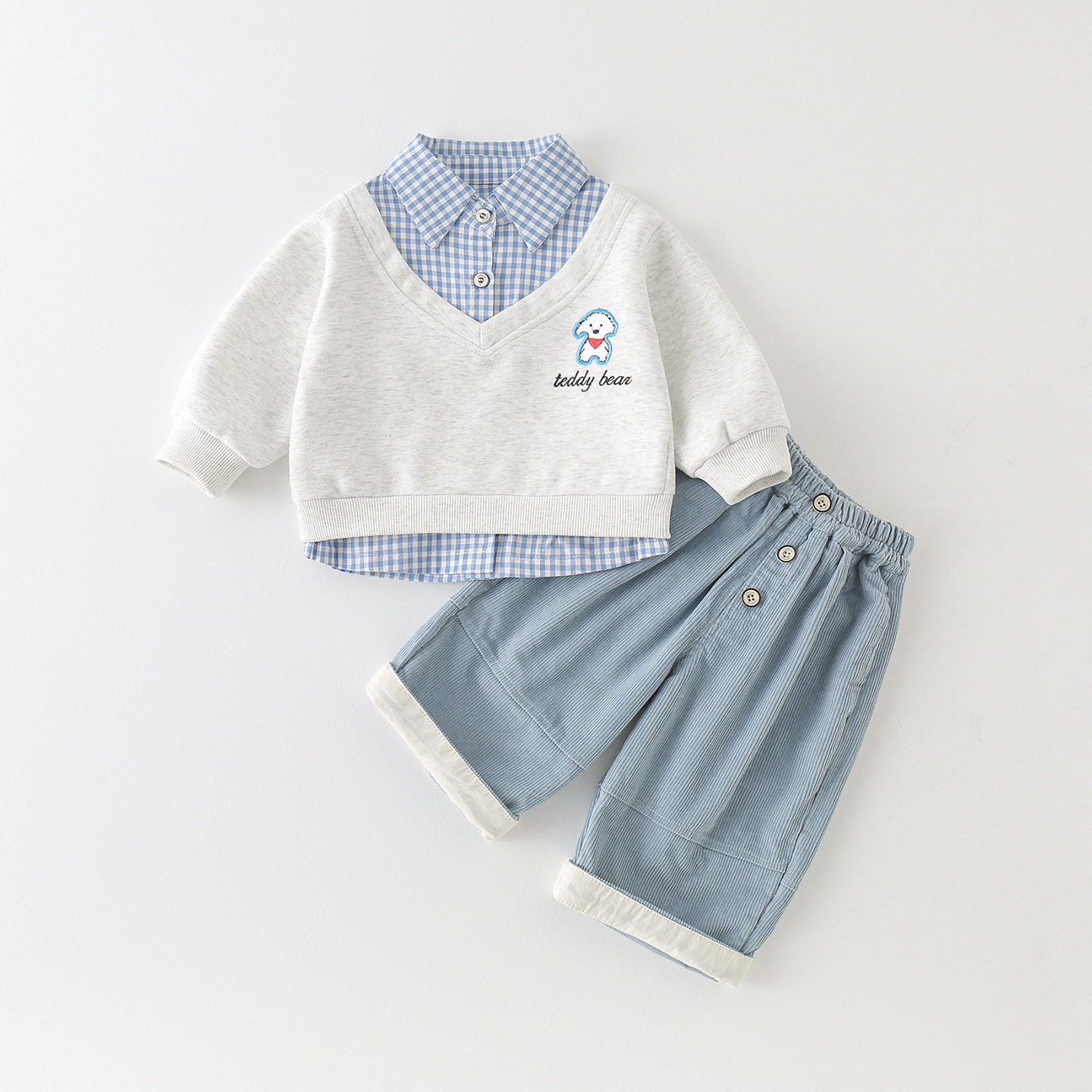 婴儿春秋季套装2026新款洋气假两件卫衣男童春秋韩版休闲牛仔长裤