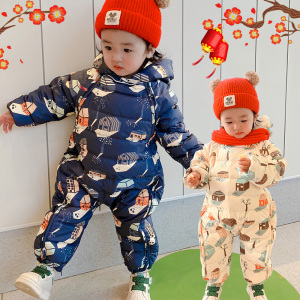 婴幼儿连体羽绒服宝宝加绒加厚冬装爬服新生儿外出白鸭绒卡通抱衣