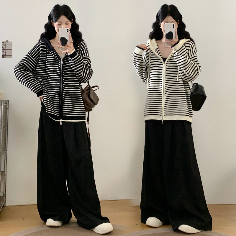 大码女连帽毛衣外套阔腿裤套装