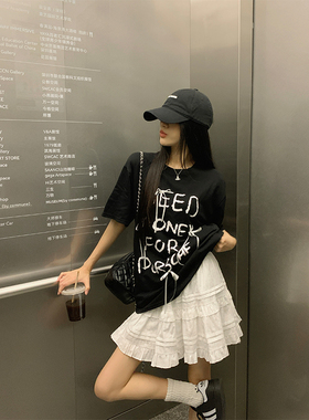 MM谢谢家大码女装夏蝴蝶结黑色短袖T恤A字半身裙蛋糕裙甜美两件套