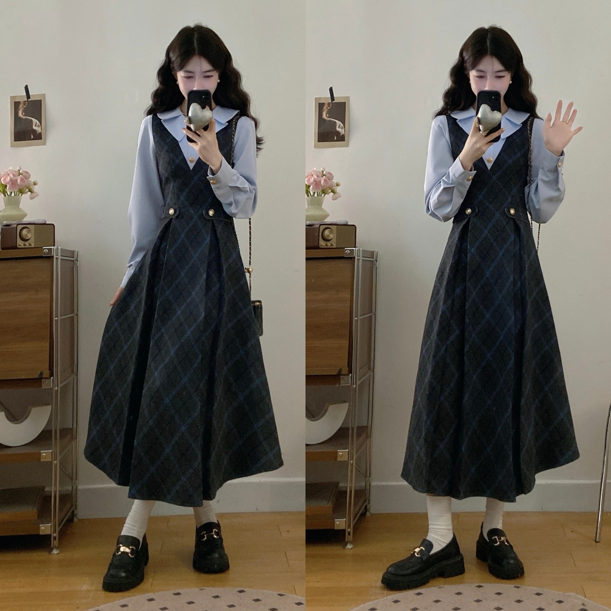 假两件复古格纹显瘦a字连衣裙