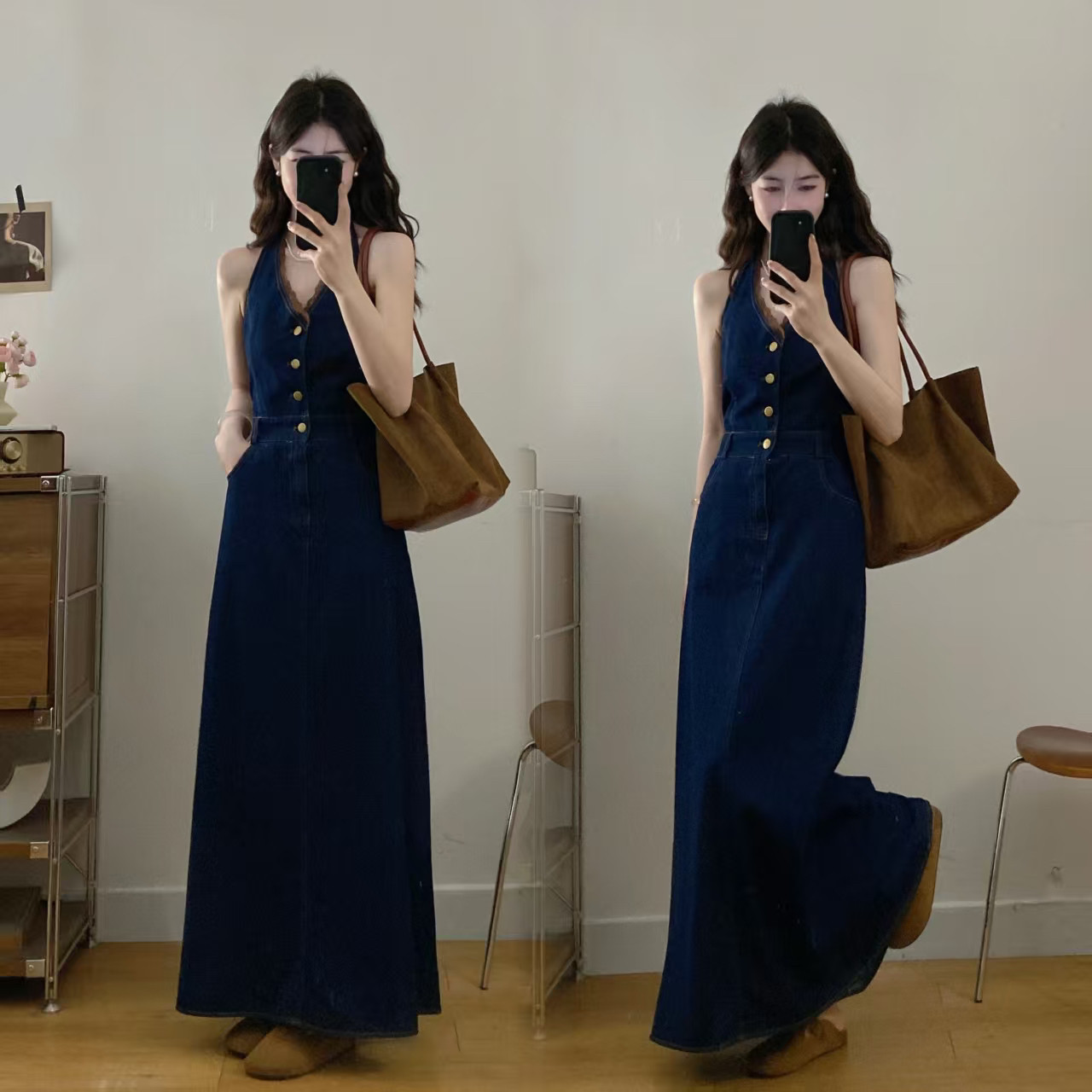 MM谢谢家大码女装微胖mm春夏2026新款时尚显瘦挂脖牛仔连衣裙套装