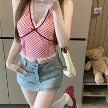MM谢谢家大码女装红色格子背心吊带拼接蕾丝v领性感挂脖辣妹上衣