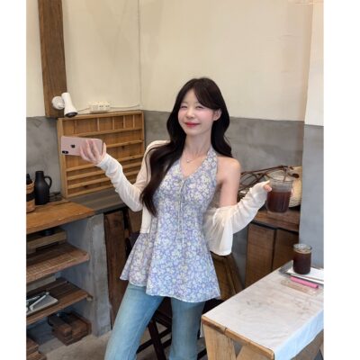 挂脖系带背心+开衫显瘦套装